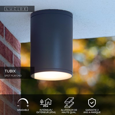 Lucide TUBIX - Spot plafond Intérieur/Extérieur - Ø 10,8 cm - 1xE27 - IP54 - Anthracite